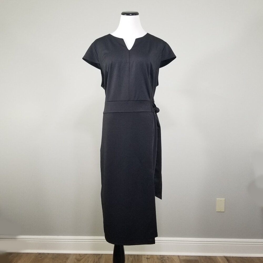 Hanna Nikole 20W Black Sheath Dress Womens Notch Neck Side Tie Work Midi NEW
